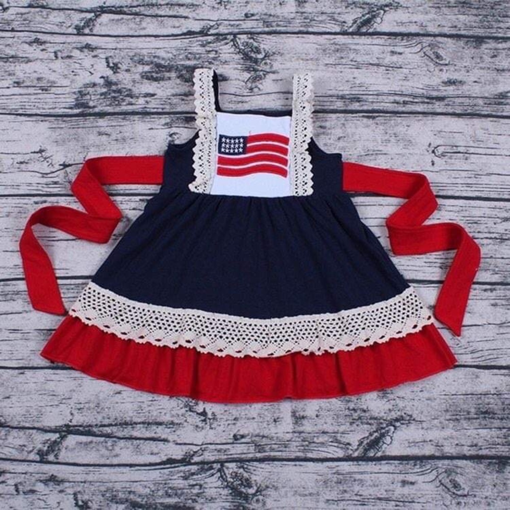 4th of July America Cute Ruffle Embroidered Dress